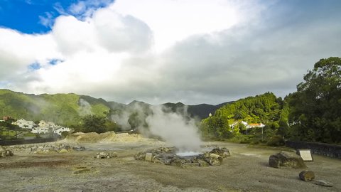 Hot thermal springs in Furnas village, Sao Miguel island, Azores, Portugal (Time Lapse)