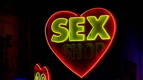 Sex shop in Paris. Night. France. Shot in 4K (ultra-high definition (UHD)).