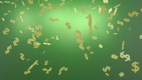 Golden dollar signs raining down on a green background