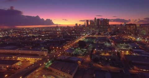 Aerial view of downtown of city of Los Angeles, scenic sunset. 4K UHD.