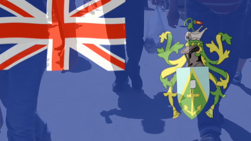 Pitcairn Islands State Flag Waving and People Walking in the background ,moving Steady Shot ,World Country flag Collection
