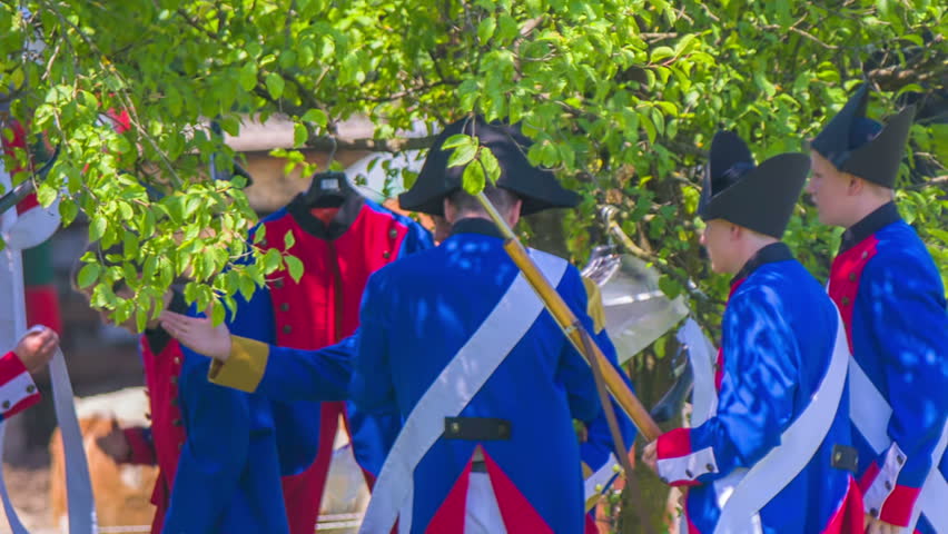 Napoleon army have a last conversation before starting the battle in a beautiful nature on countryside.