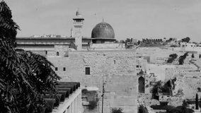  Al Aqsa Mosque  and Mount of Olives black and white video  with effect of old movie  , the third holiest site in Islam.  Jerusalem, Israel.