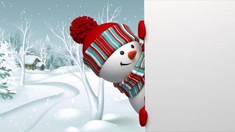 Snowman looking out the corner, animated greeting card, winter holiday background, Merry Christmas and a Happy New Year