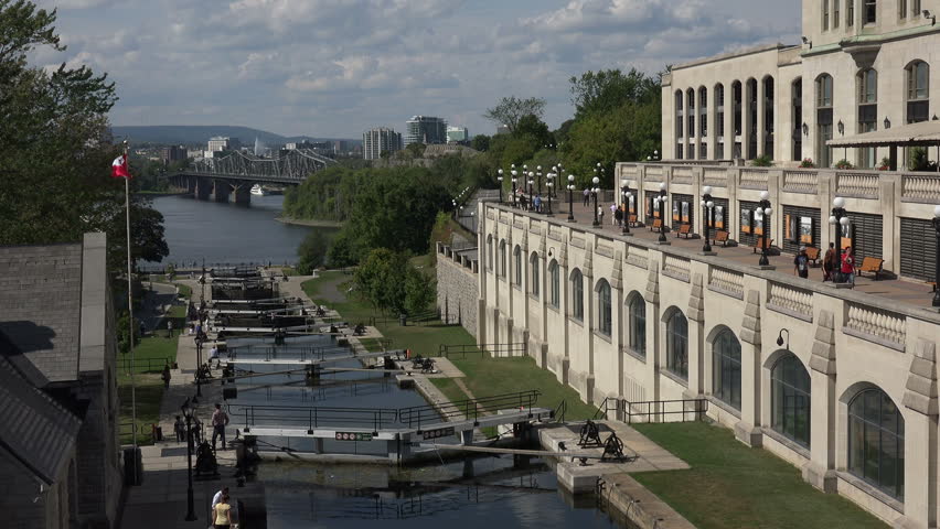 OTTAWA, ONTARIO/CANADA - SEPTEMBER 11, 2015: Lock at Rideau canal, Ottawa River with Château Laurier, built for Grand Trunk Railway and now part of the Fairmont chain as Fairmont Château Laurier.