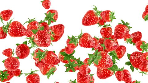 Falling strawberries on white background. Photorealistic 3d animation with alpha-matte, also version with a depth of field included
