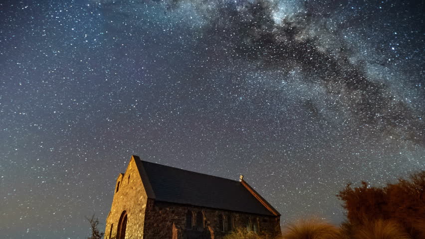 Milky Way Galaxy Rising Over Good Shepherd Church, Timelapse Pan Left & Zoom Out
Lake Tekapo, South Island, New Zealand