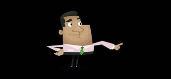 Business Man Cartoon Pointing. A great piece of stock in 4k definition, perfect for film, tv, documentaries, reality TV, trailers, infomercials and more!