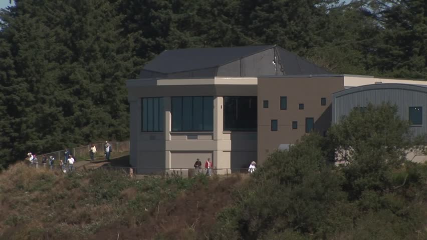Close up of the Lewis & Clark Interpretive center building on Cape Disappointment cliffs Washington State USA