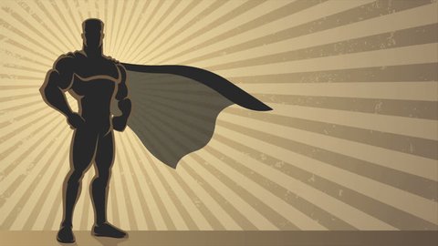 Superhero Background Loop: Animation of superhero over grunge background with copy space. 