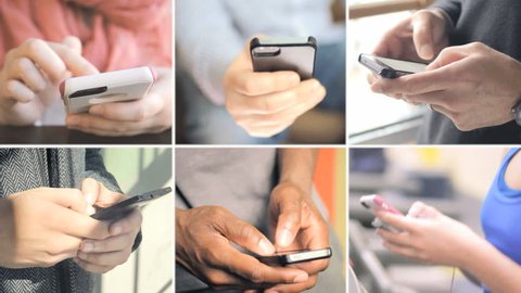 Collage of different people hands texting or typing on smartphones 