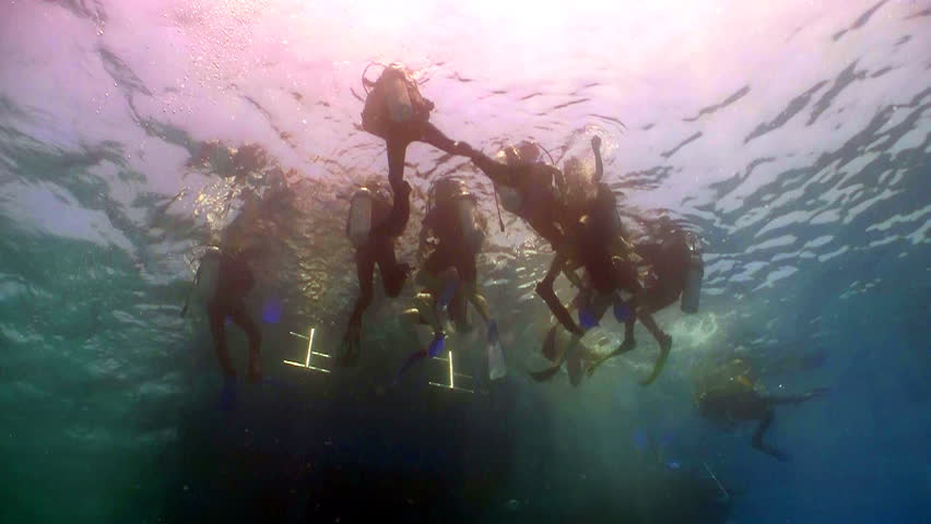 group of divers preparing to dive, Red sea