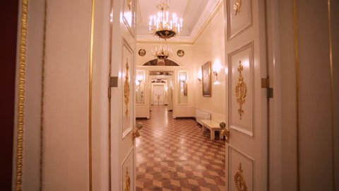 MOSCOW, RUSSIA - NOVEMBER 03, 2015: Walk by empty corridor in Tsaritsyno Grand palace. Tsaritsyno estate is known from 16th century, when it belonged to Tsaritsa Irina, sister of Tsar Boris Godunov.