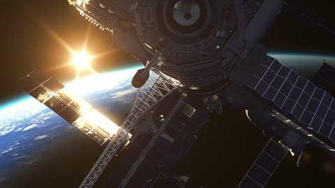 Flight Of Space Station On The Background Of The Rising Sun. 3D Animation.