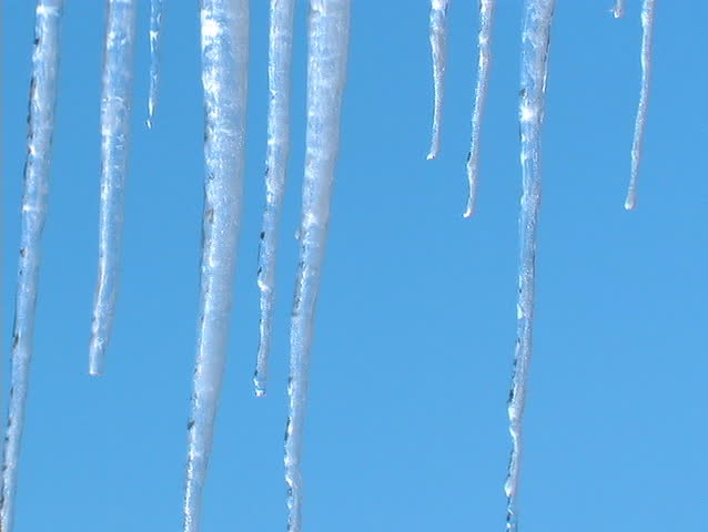 SEVERAL ICICLES AGAINST A BLUE SKY.
