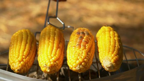 Healthy vegetarian delicious barbecue with ripe golden corn and turn it around by using barbeque tongs