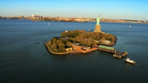 Aerial view of the Statue of Liberty, Ellis Island and Downtown Manhattan, New York, North America, USA