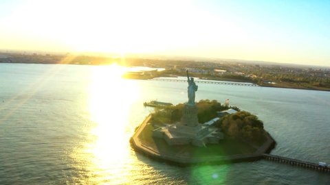 Aerial view of the Statue of Liberty, at Sunset New York Harbor Manhattan, New York, North America, USA