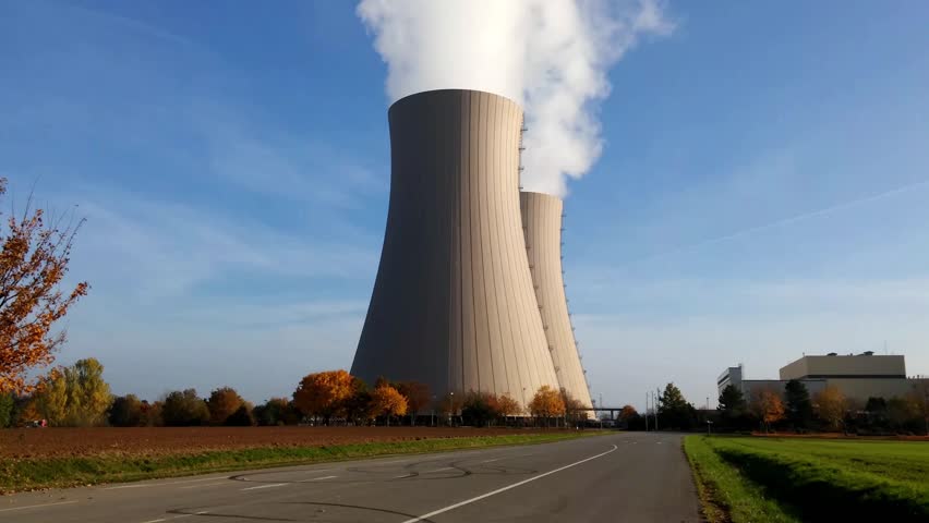 Nuclear power plant on the sky background