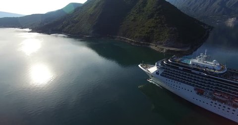 Aerial view of cruise ship in the Bay of Kotor, Montenegro