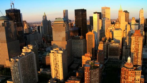 Aerial view of Manhattans Financial Business Quarter, at Sunset, New York City, North America, USA
