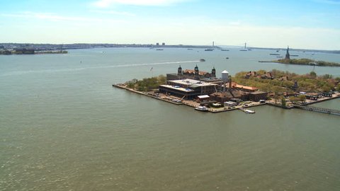 Aerial view of Ellis Island and the Statue of Liberty New York Harbor, Manhattan, North America, USA