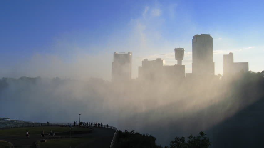 Skyline of Niagara Falls, Canada as seen from the American side through the mist