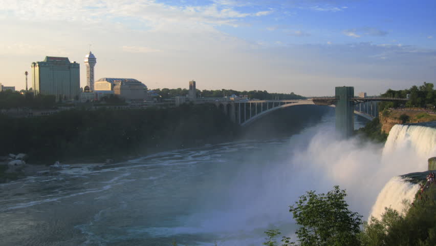 Niagara Falls and the Rainbow Bridge that connects the United States to Canada.