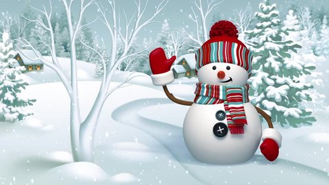 Snowman waving hand in the snowy forest, animated greeting card, winter holiday background, Merry  Christmas and a Happy New Year