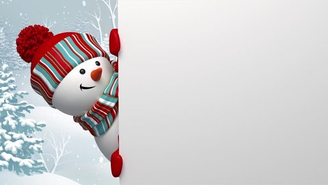 Snowman peeking out the corner, animated greeting card, winter holiday background, Merry Christmas and a Happy New Year