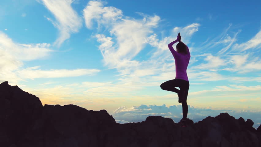 Young Woman Standing Yoga Pose on top of Mountain. Reaching the Top. Healthy Active Lifestyle. Royalty-Free Stock Footage #12816740