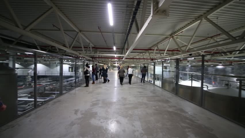 Visitors go in overpass in workshop of modern big brewery factory during excursion