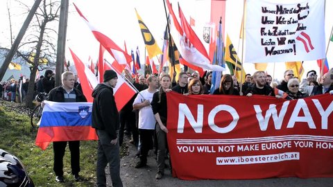 Spielfeld, Austria - November 15, 2015: Patriotic protest against the further entry of migrants by the Austrian Slovenian border at "Spielfeld" organized by the Identitarian movement.