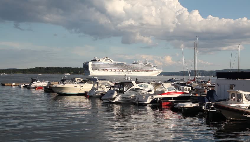 Marina with cruiser passing behind in Oslo fjord Full HD
