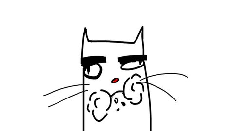 Cat with black thick eyebrows chews. His mouth full of food. Funny cat. Hand drawn cartoon animation.