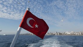 Turkish Flag waving on an Islands Ferry. Cruising out from Bostanci Port. 4k original camera codec. Static Camera Shots.
