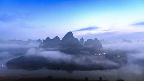 Landscape of Guilin in the early morning, Li River and Karst mountains. Located near The Ancient Town of Xingping, Yangshuo County, Guilin City, Guangxi Province, China.