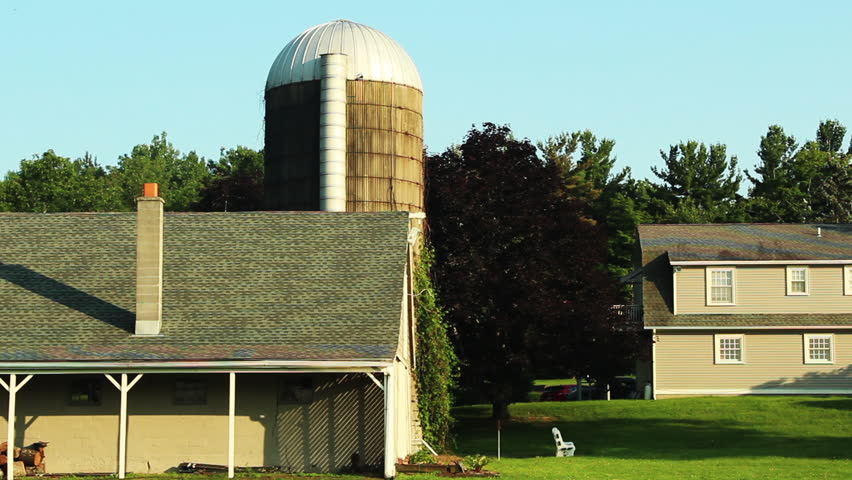 Farm landscape, silo grain elevator. Beauty shot.
