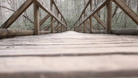 Bridge in woods with hiker walking away