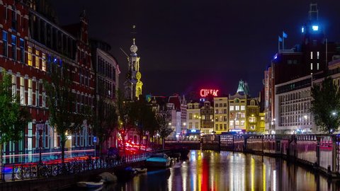AMSTERDAM, NETHERLANDS - AUGUST 2015: famous night bridge canal city panorama 4k time lapse circa august 2015 holand, netherlands.