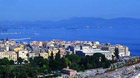 Time-lapse: aerial view of old city from Old Fortress, Kerkyra, Corfu, Greece. 