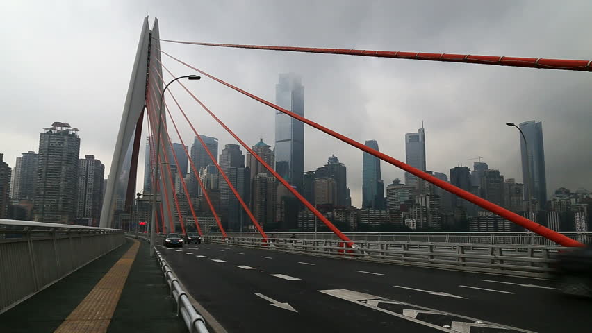 bridge over jialingjiang river, skyscrapers in chongqing city of china