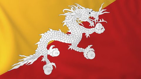 Flag of Bhutan, slow motion waving. Rendered using official design and colors. Highly detailed fabric texture. Seamless loop in full 4K resolution. ProRes 422 codec.