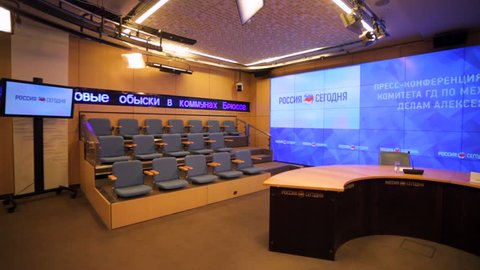 MOSCOW, RUSSIA - NOVEMBER 19, 2015: President hall of "RIA Novosti" International multimedia center. Press Center has an opportunity to conduct video bridges with different points of the world.