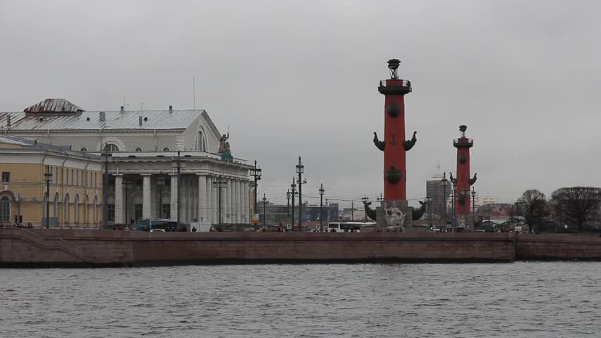 St.Petersburg Stock Exchange and Rostral Columns, Vasilyevsky Island, Russia