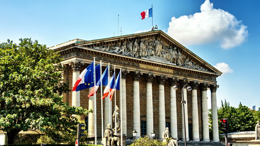 French and EU flags waving in front of building of National Assembly (Assemblee Nationale). Paris, France. Full HD, 1080p Royalty-Free Stock Footage #12916400