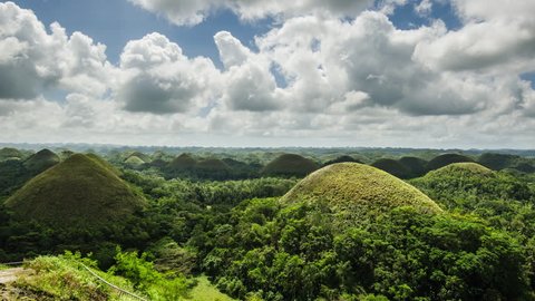 Chocolate hills 4k timelapse with beautiful cloudy sky on Bohol island in Philippines