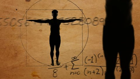 Da Vinci Vitruvian Man Silhouette with Maths Formulas on Old Paper texture