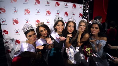 MOSCOW, RUSSIA - NOVEMBER 18, 2015: Beauty contest winners in various categories send kisses to cameras. An annual national pageant  "Krasa Rossii" (The Beauty of Russia).