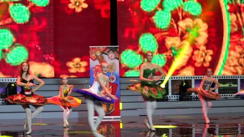MOSCOW, RUSSIA - NOVEMBER 18, 2015: Cute little ballet dancers perform on a stage during an annual national pageant  "Krasa Rossii" (The Beauty of Russia). 
